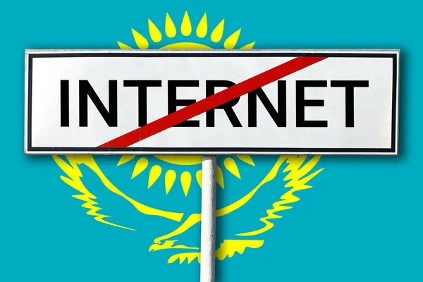 Kazakhstan flag and road sign crossed out word INTERNET.