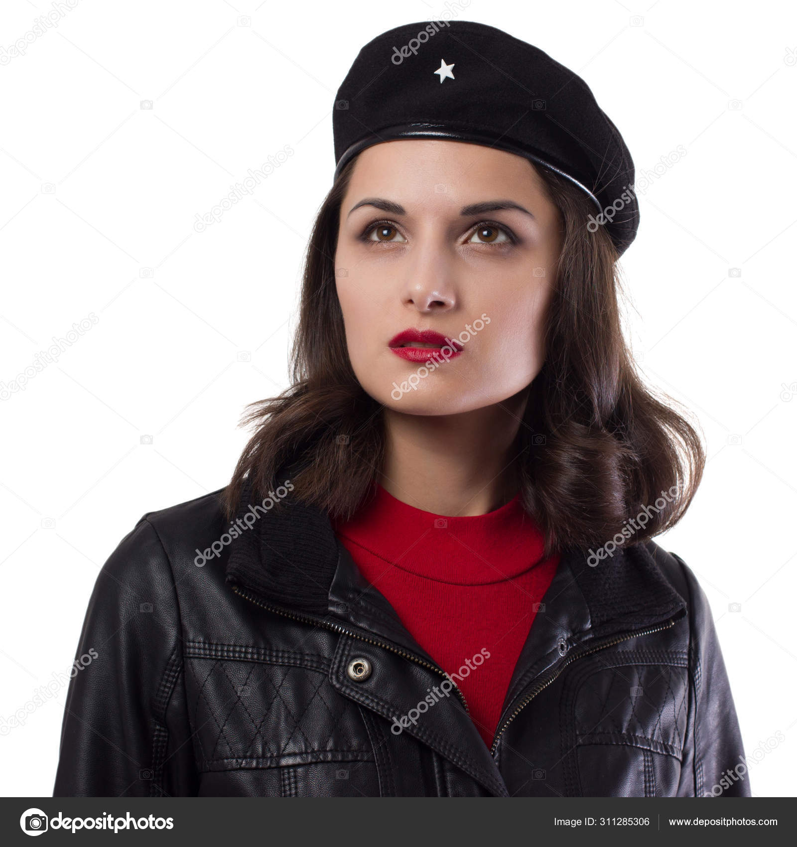 Young woman black jacket, red sweater and hat with a reference to Ernesto  Che Guevara on a white background. Stock Photo by ©4eX 311285306