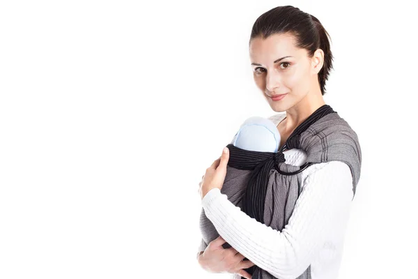 Istruttore Babywering dimostrare posizione anteriore con il neonato in un portabandiera anello — Foto Stock