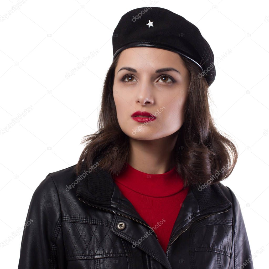 Young woman black jacket, red sweater and hat with a reference to Ernesto Che Guevara on a white background.