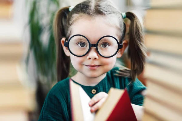 Cute Smiling Preschool Age Girl Dimples Big Glasses Red Book — Stock Photo, Image