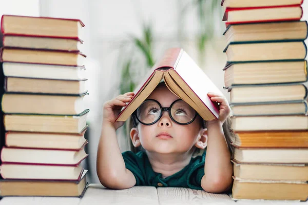 Kütüphanede ya da evde kitap okuyan tatlı, zeki bir anaokulu kızı. Çocuklar erken öğrenim ve evde eğitim kavramı.