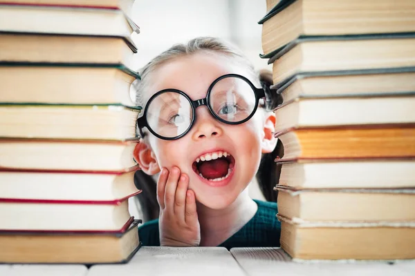 Expressive Portrait Preschool Age Girl Shaped Glasses Book Stacks Kid — Stock Photo, Image