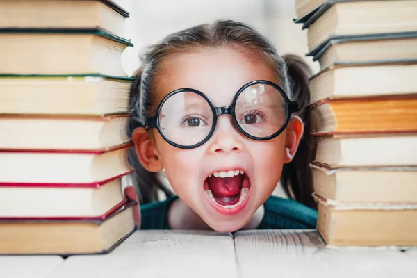 Screaming Little Blonde Kid Girl Years Old Glasses Library Many — Stock Photo, Image