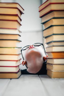 Yuvarlak gözlüklü küçük sarışın kız okula hazırlanmak için kitaplara bakıyor. Okul öncesi eğitim kavramı.