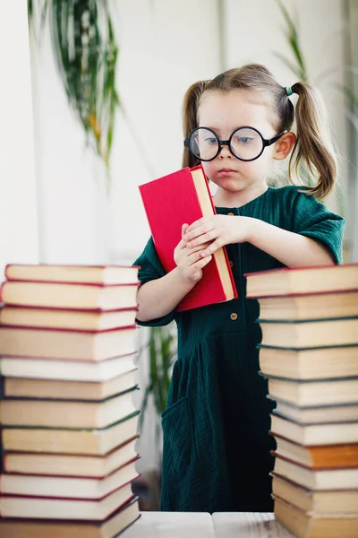 Little Cute Expert Books Young Librarian Girl Hold Library Book — Stock Photo, Image
