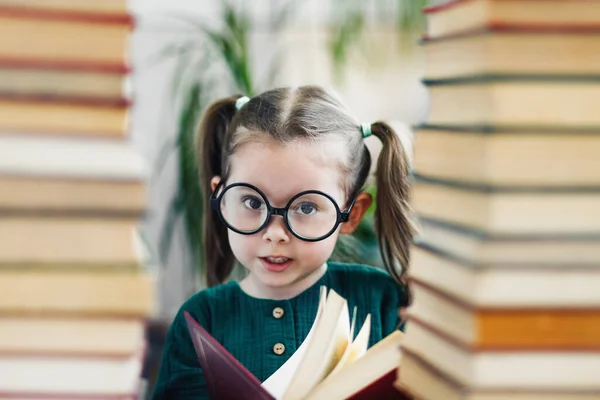 Cute Smiling Preschool Age Girl Big Glasses Red Book Her — Stock Photo, Image