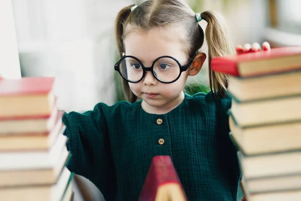 Little Cute Scientist Girl Portrait Glasses Books Selective Soft Focus — Stock Photo, Image