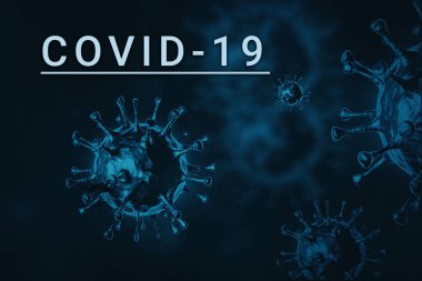 Yazıt COVID-19 ve mavi arka plan virüs hücre modelleri. 3B illüstrasyon