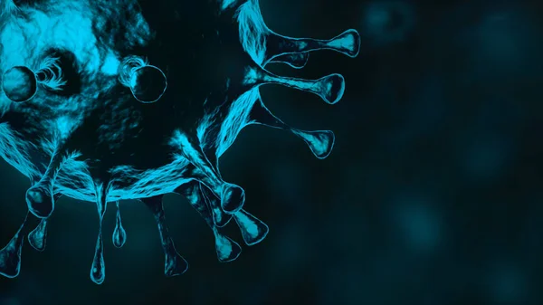 Närbild Covid Virusceller Eller Bakterier Mörkblå Bakgrund Med Kopieringsutrymme Illustration — Stockfoto