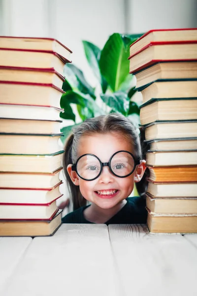 Cute Smiling Portrait Preschool Age Girl Shaped Glasses Books Pile — Stock Photo, Image