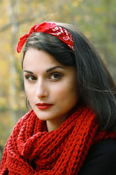 Beyaz önlüklü, tığ işi kırmızı atkı ve siyah şapkalı güzel bir kadın. Sonbahar açık havada gülümseyen portre