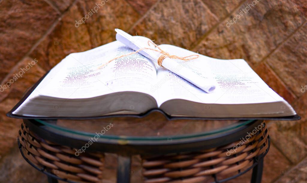 Message Scroll On Open Holy Bible On Table Bible Study
