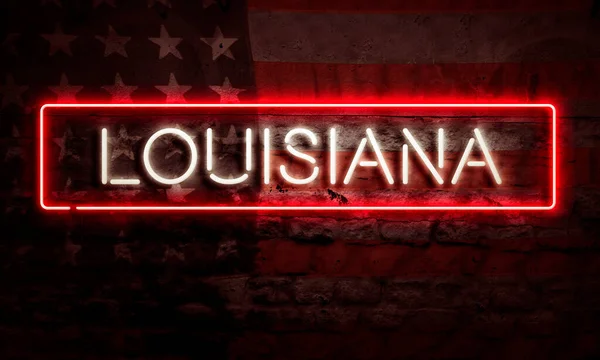 Louisiana State Pop Art Neon Sign On Brick Wall With American Flag