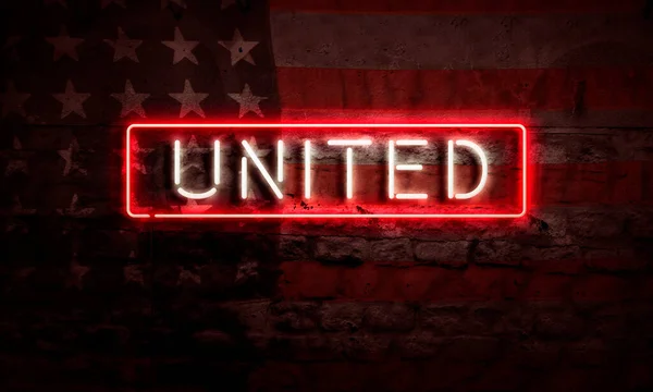 United Grunge American Pop Art Graphic Neon Sign Brick Wall — Stock Photo, Image