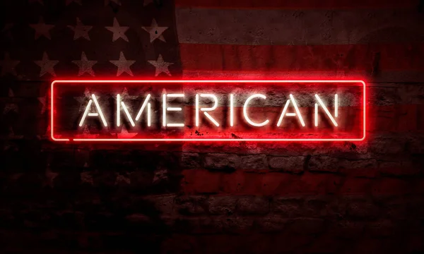 American Word Pop Art Grunge Brick Wall Lit Neon America — Stock Photo, Image