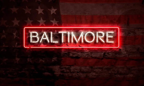 Baltimore City Pop Art Word Neon İç Çekiş ve Amerikan Bayrağı Grunge Brick Graffiti Duvarı