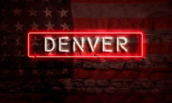 Denver City Pop Art Word Neon İç Çekiş ve Amerikan Bayrağı Grunge Brick Graffiti Duvarı