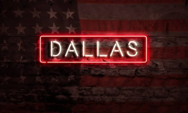 Dallas City Pop Art Word Neon İç Çekiş ve Amerikan Bayrağı Grunge Brick Graffiti Duvarı