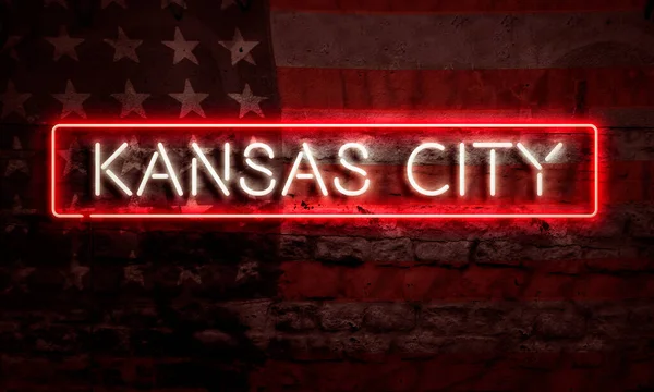 Kansas City Pop Art Word Neon İç Çekiş ve Amerikan Bayrağı Grunge Brick Graffiti Duvarı