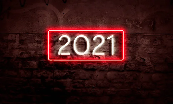 2021 Újév Ragyogó Neon Jel Grunge Téglafal Stock Fotó