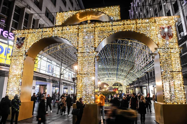 Vista Nocturna Las Luces Decorativas Año Nuevo Navidad Durante Las — Foto de Stock