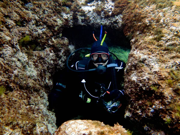 Dry Suit Diver Cavern Diving Mediterranean Malta — Stock Photo, Image