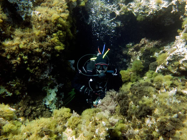 Dry Suit Diver Cavern Dive Mediterranean Malta — Stock Photo, Image