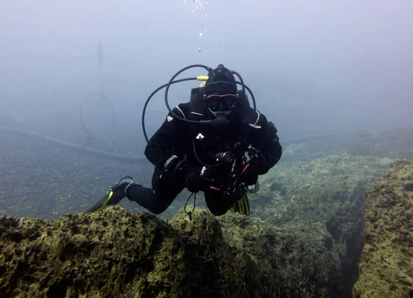 Underwater Photographer Dry Suit Diver Vortex Spring Pounce Leon Florida — Stock Photo, Image