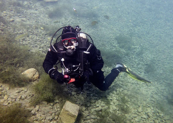 Underwater Photographer Dry Suit Diver Vortex Spring Pounce Leon Florida — Stock Photo, Image