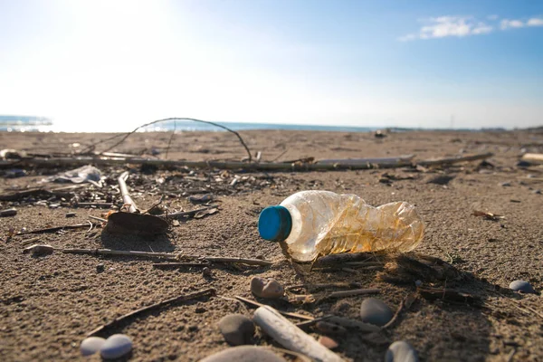 Marine pollution: plastic waste on the beach.