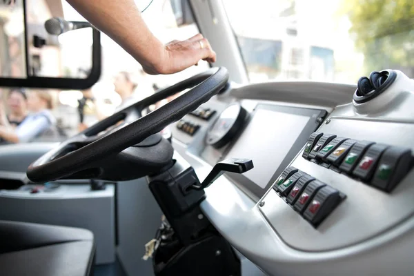 Seat and steering wheel. Bus driver