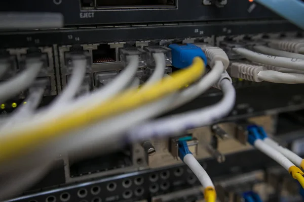 Fiber Optical connector interface. Fibre Channel swich. Severs computer in a rack at the large data center.