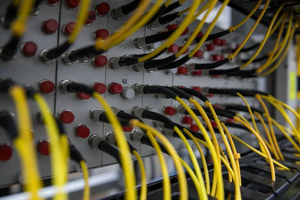 Fiber Optical connector interface. Fibre Channel swich. Severs computer in a rack at the large data center.