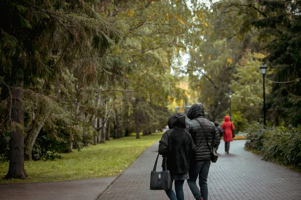 People in the autumn park, cloudy weather, cold