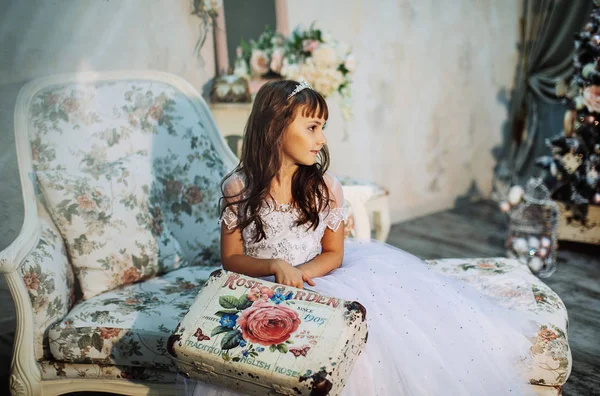 Cute Little Girl Posing Studio Christmas Decoration Wearing White Dress — Stock Photo, Image