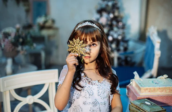 Mignonne Petite Fille Posant Studio Avec Décoration Noël Portant Robe — Photo