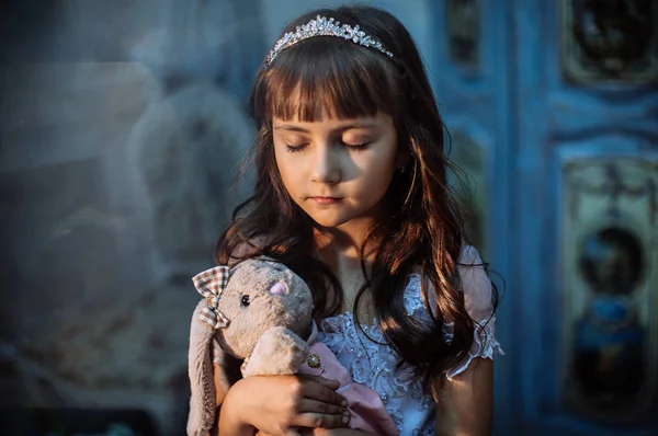 Beautiful Little Girl Wearing White Dress Posing Studio — Stock Photo, Image