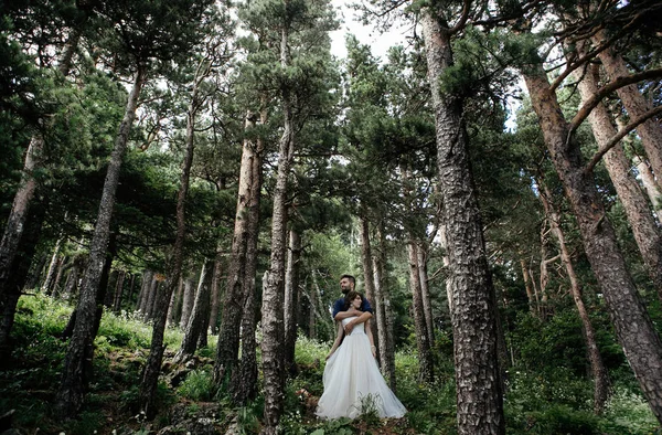 刚刚结婚的夫妇摆在户外他们的婚纱照 — 图库照片