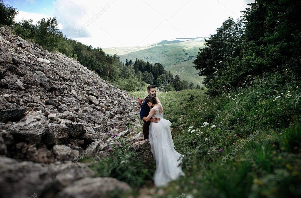 just married couple posing outdoors on their wedding photo - session