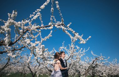 sevgi dolu çift - gelin ve damat düğün yürüyüşe çiçekli bahçeleri bahar, ihale duygular içinde hafif bir elbise
