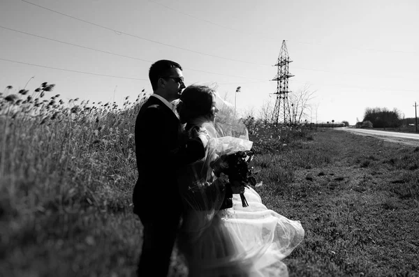 Foto Blanco Negro Aire Libre Los Recién Casados —  Fotos de Stock