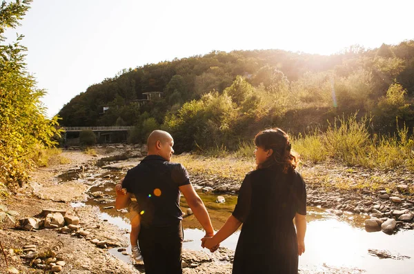 Korean Family Walking Outdoor Father Holding Son — Stock Photo, Image