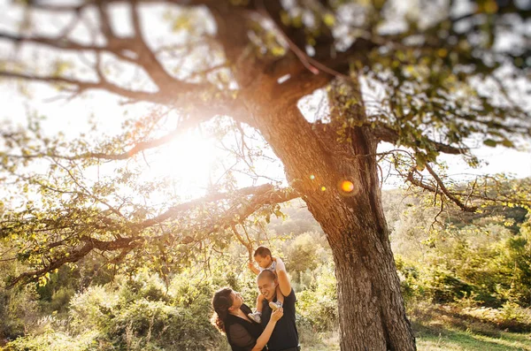 Korean Family Having Fun Outdoor Little Son Hands — Stock Photo, Image