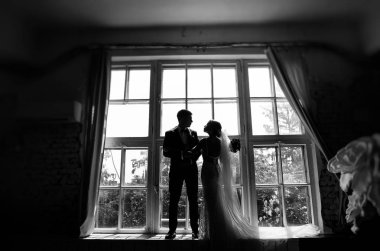 şık gelin ve Damat Düğün fotoğraf oturumunda stüdyo, aşık bir çift pencere yakın: