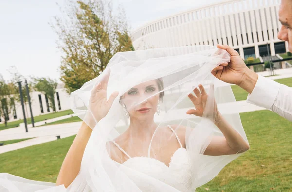 Stylish Bride Groom Walk Wedding Day Park Stadium Long Veil — Stock Photo, Image