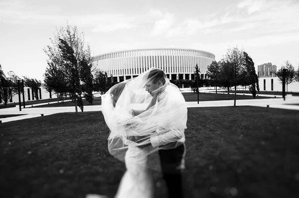 Noiva Elegante Noivo Passeio Seu Dia Casamento Parque Perto Estádio — Fotografia de Stock