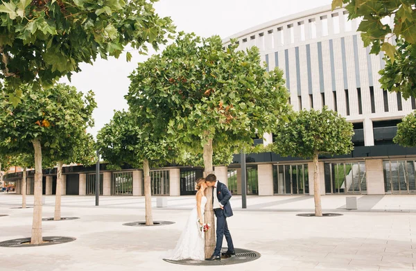 Novia Novio Con Estilo Paseo Día Boda Parque Cerca Del —  Fotos de Stock