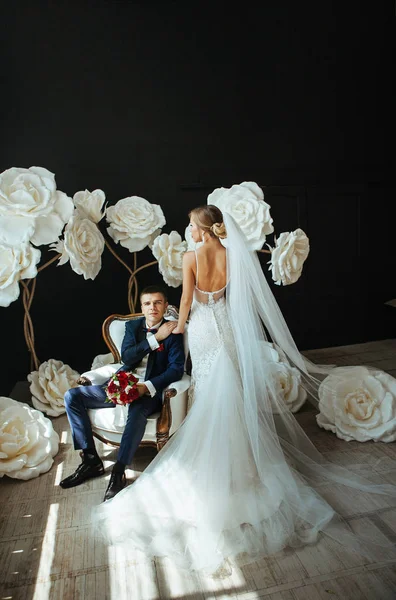 Novia Novio Con Estilo Una Sesión Fotos Boda Estudio Una — Foto de Stock