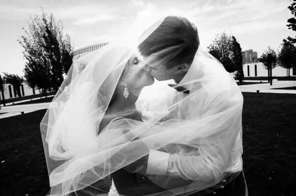 Noiva Elegante Noivo Passeio Seu Dia Casamento Parque Perto Estádio — Fotografia de Stock